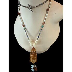 Handmade Buddha Pendant Beaded Necklace With White & Multicolor Beads 21 Inches